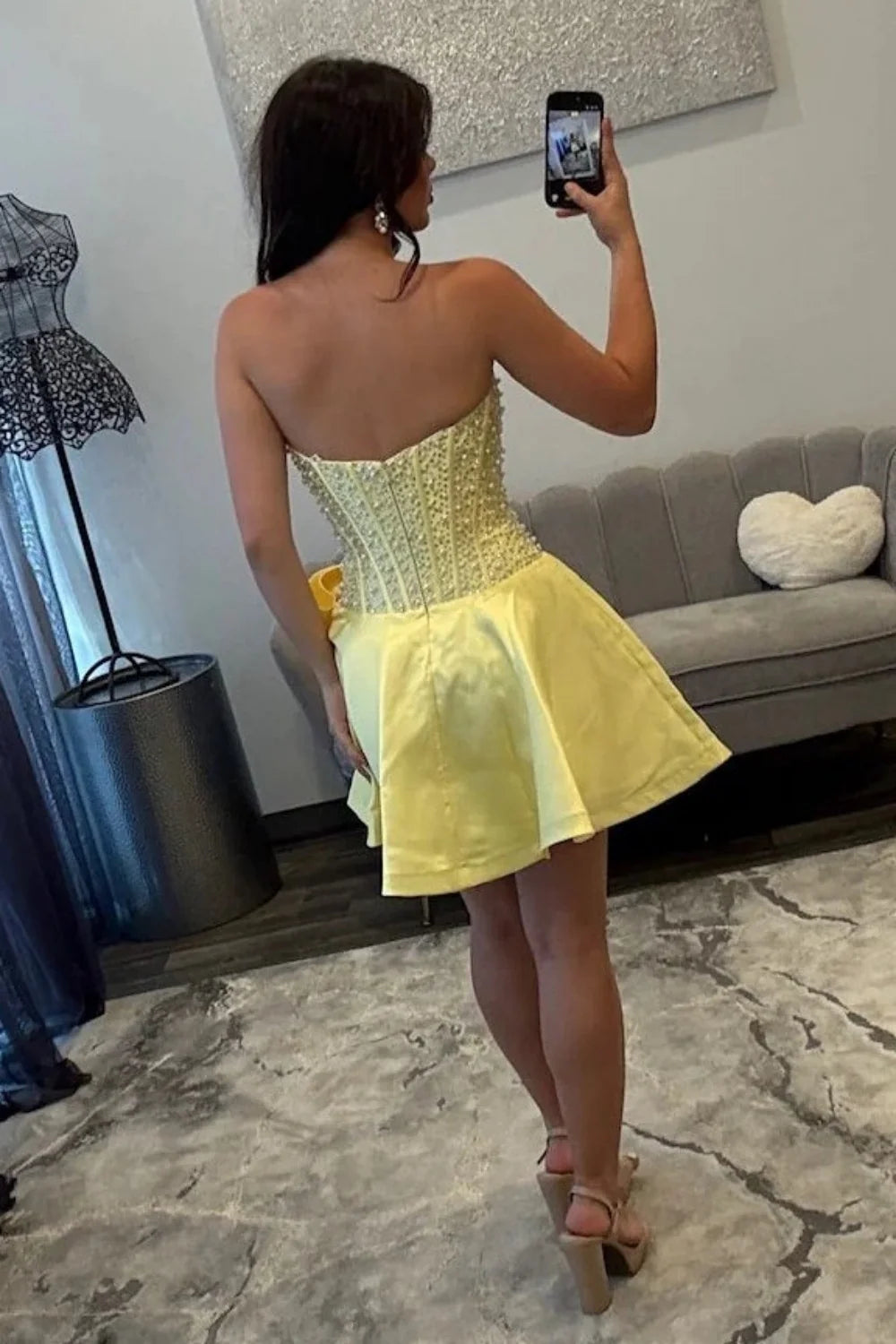 Pretty A Line Strapless Yellow Corset Homecoming Dress with Pearls Bowknot SH7819