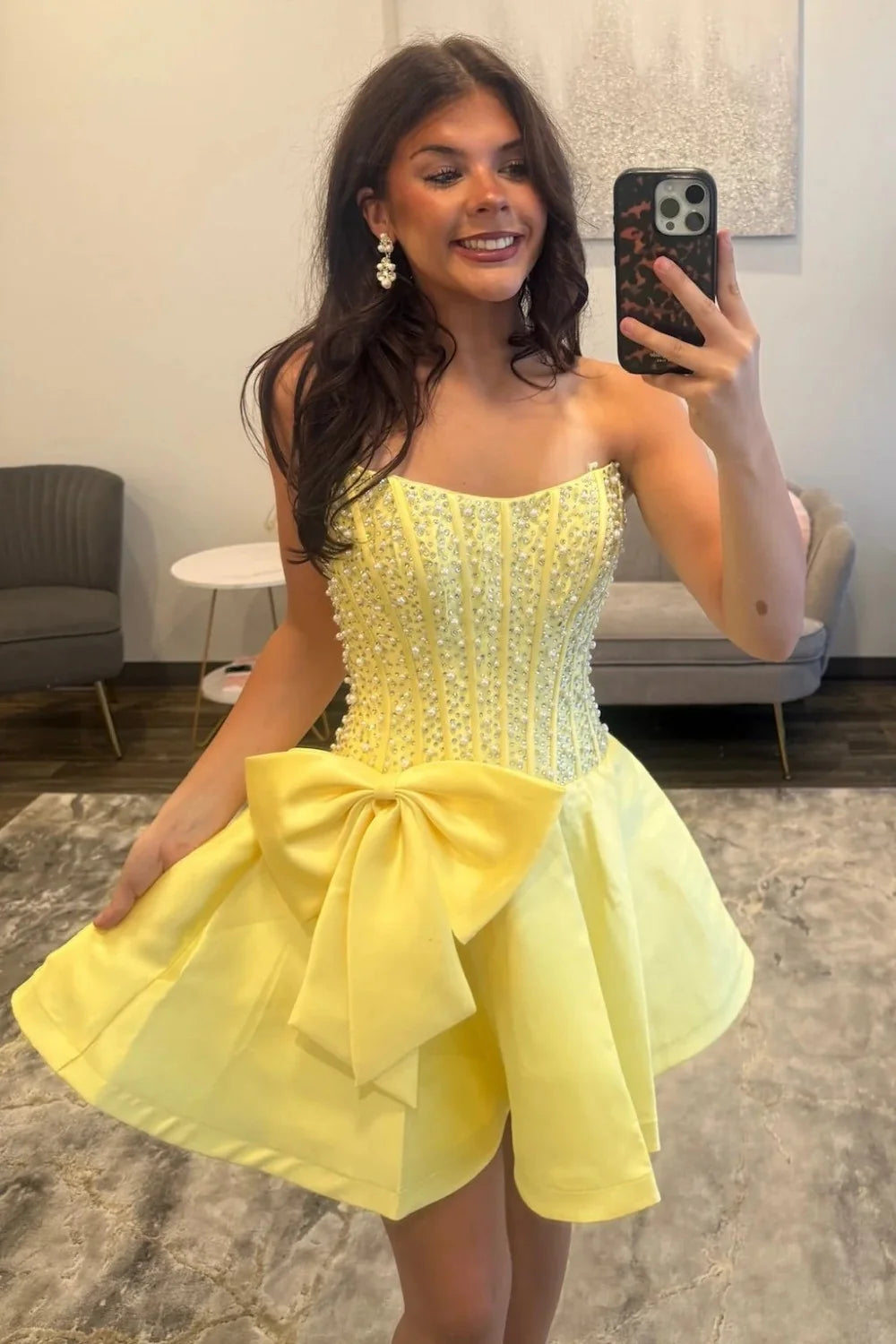 Pretty A Line Strapless Yellow Corset Homecoming Dress with Pearls Bowknot SH7819