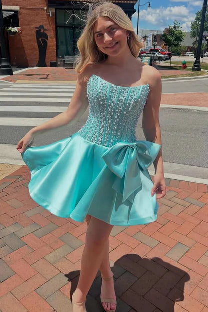 Pretty A Line Strapless Blue Corset Homecoming Dress with Pearls Bowknot SH7820