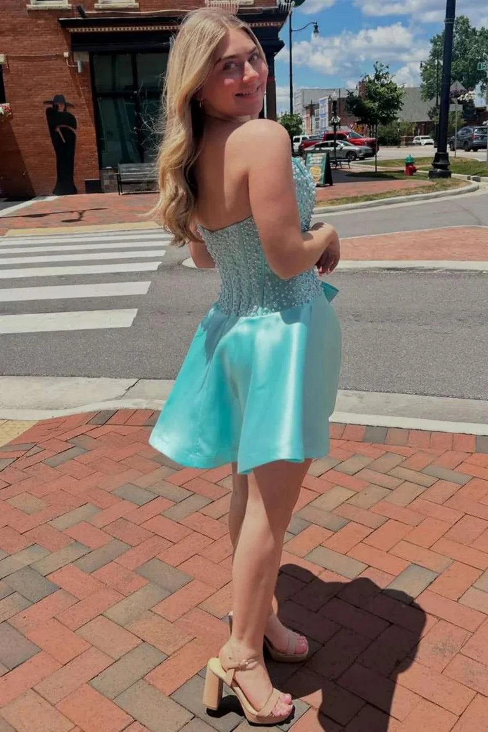 Pretty A Line Strapless Blue Corset Homecoming Dress with Pearls Bowknot SH7820