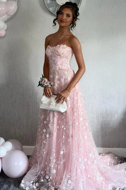 Pink A-Line Strapless Sweetheart Lace Satin Tulle Long Prom Dress SH8219