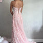 Pink A-Line Strapless Sweetheart Lace Satin Tulle Long Prom Dress SH8219