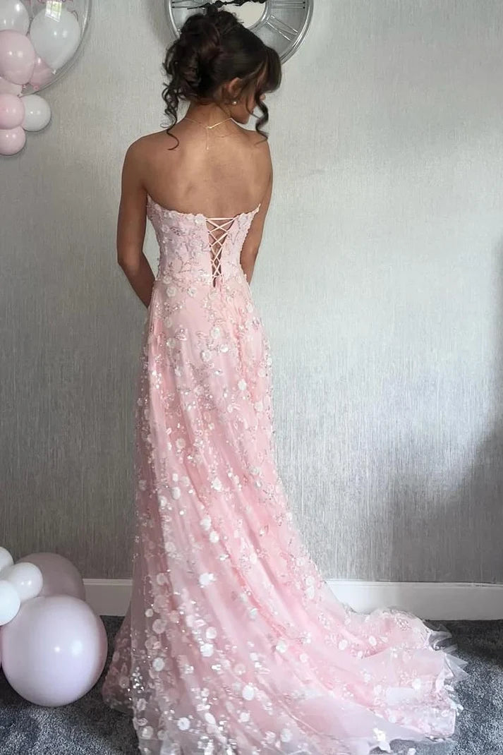 Pink A-Line Strapless Sweetheart Lace Satin Tulle Long Prom Dress SH8219