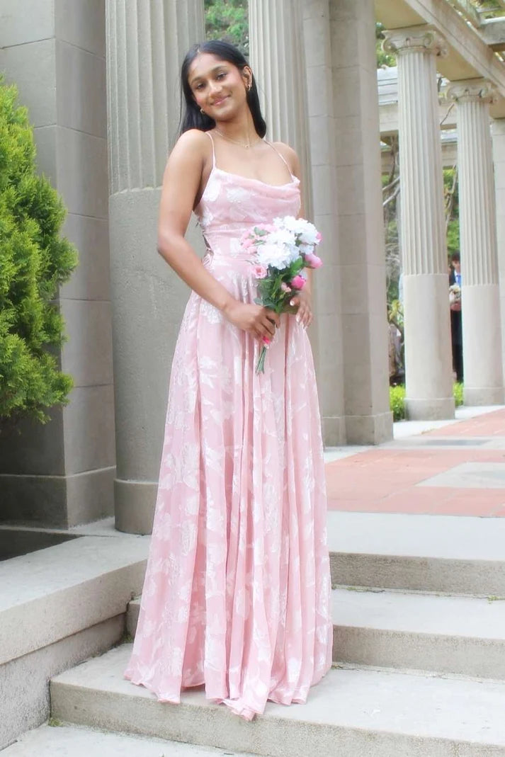 Gentle Pink A Line Spaghetti Strap Floral Chiffon Long Prom Dress Evening Dress SH8198