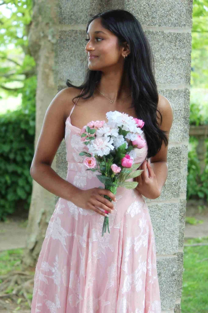Gentle Pink A Line Spaghetti Strap Floral Chiffon Long Prom Dress Evening Dress SH8198