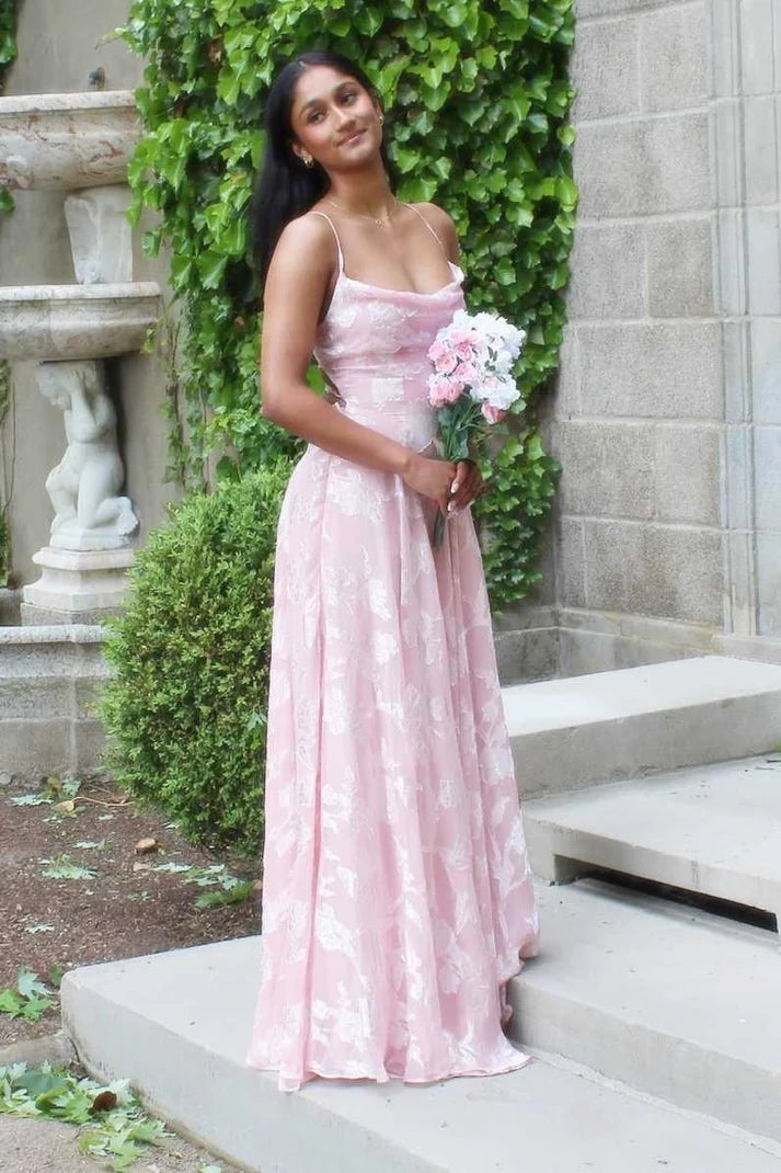 Gentle Pink A Line Spaghetti Strap Floral Chiffon Long Prom Dress Evening Dress SH8198