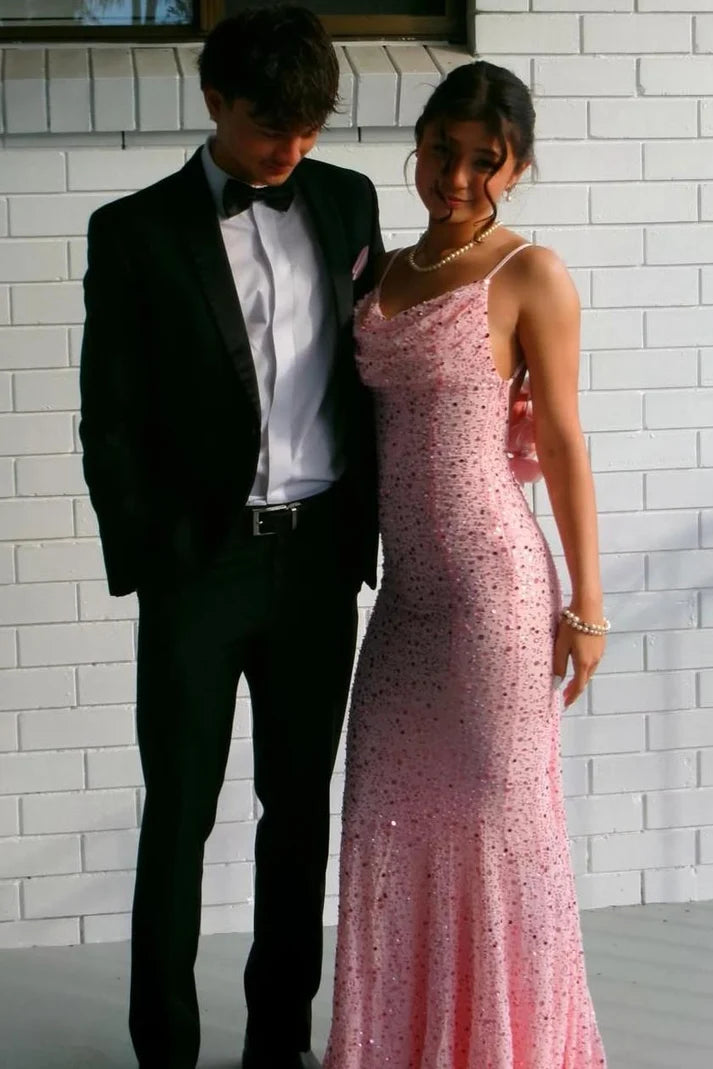Pink Spaghetti Straps Sequined Backless Mermaid Long Prom Dress SH8222