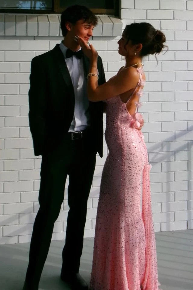 Pink Spaghetti Straps Sequined Backless Mermaid Long Prom Dress SH8222