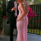 Pink Spaghetti Straps Sequined Backless Mermaid Long Prom Dress SH8222