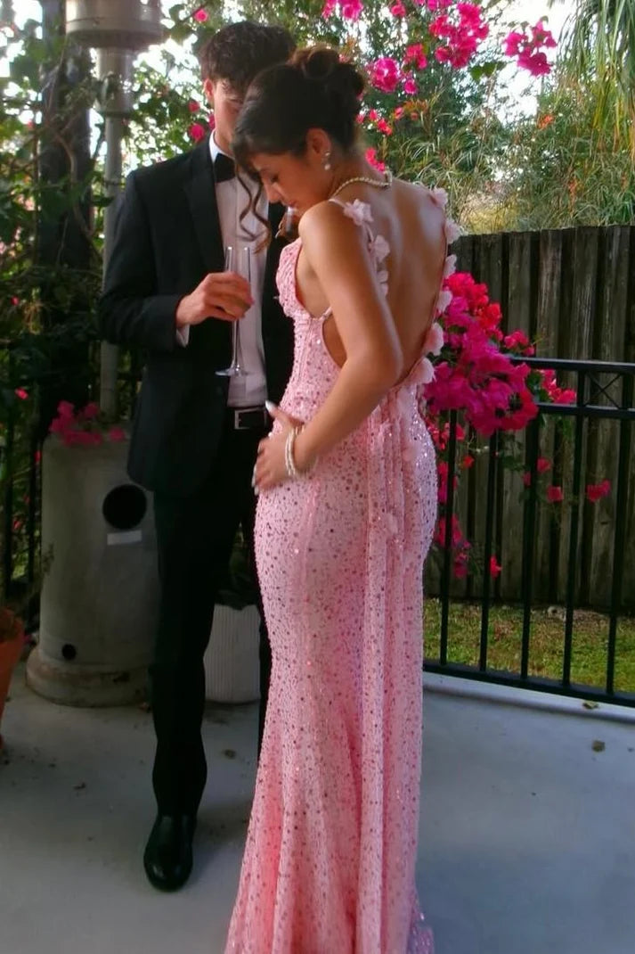 Pink Spaghetti Straps Sequined Backless Mermaid Long Prom Dress SH8222