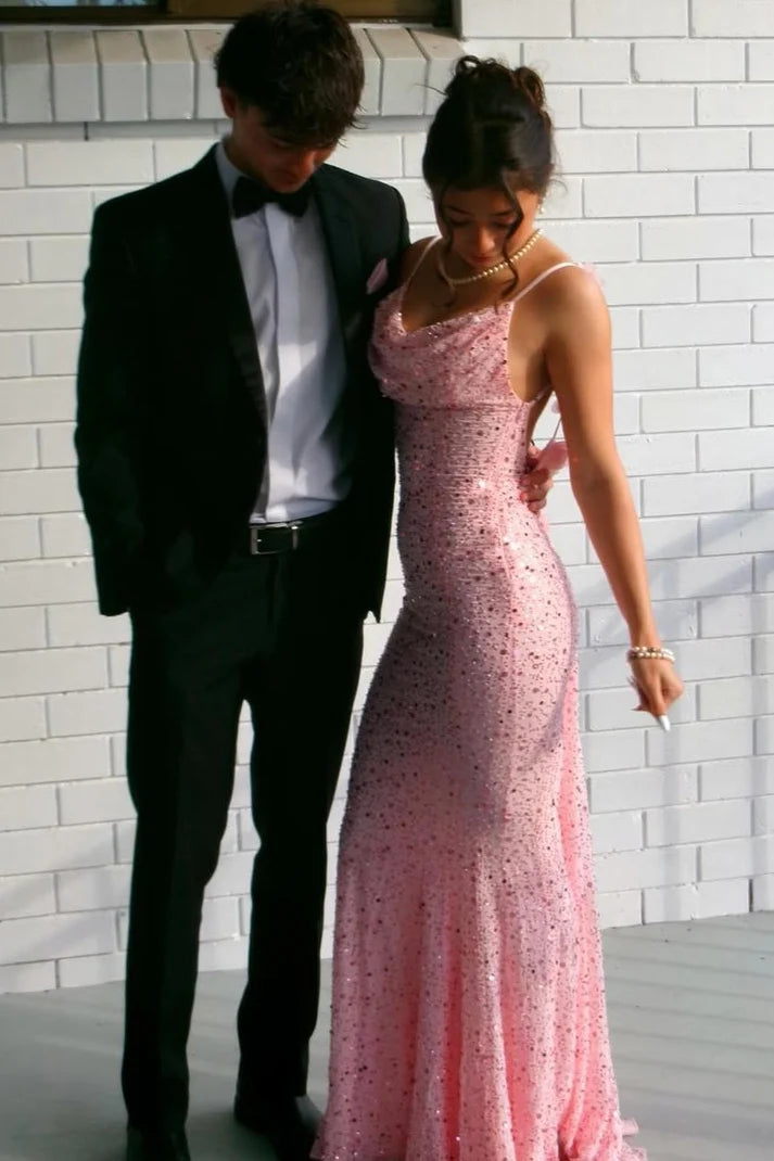 Pink Spaghetti Straps Sequined Backless Mermaid Long Prom Dress SH8222