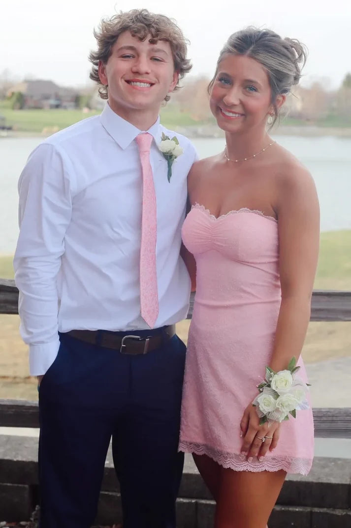 Pink Strapless Sweetheart Lace Satin Sleeveless Short Homecoming Dress SH8229