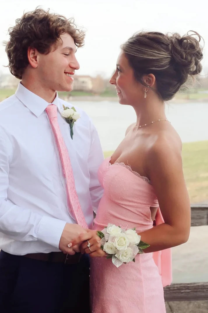 Pink Strapless Sweetheart Lace Satin Sleeveless Short Homecoming Dress SH8229