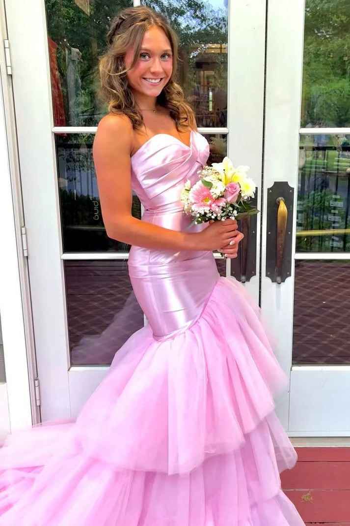Mermaid Ruffles Pleats Pink Satin Strapless Sweetheart Tulle Prom Dress SH8217