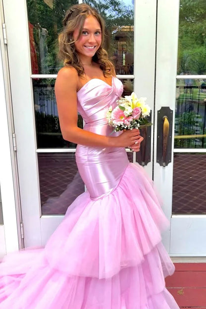 Mermaid Ruffles Pleats Pink Satin Strapless Sweetheart Tulle Prom Dress SH8217