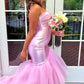 Mermaid Ruffles Pleats Pink Satin Strapless Sweetheart Tulle Prom Dress SH8217