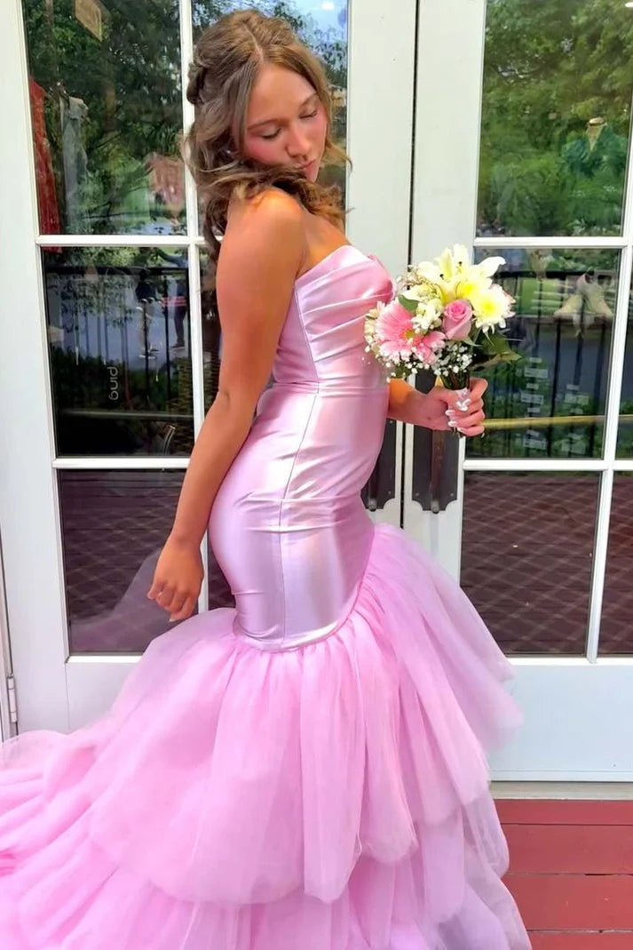 Mermaid Ruffles Pleats Pink Satin Strapless Sweetheart Tulle Prom Dress SH8217