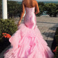 Mermaid Ruffles Pleats Pink Satin Strapless Sweetheart Tulle Prom Dress SH8217