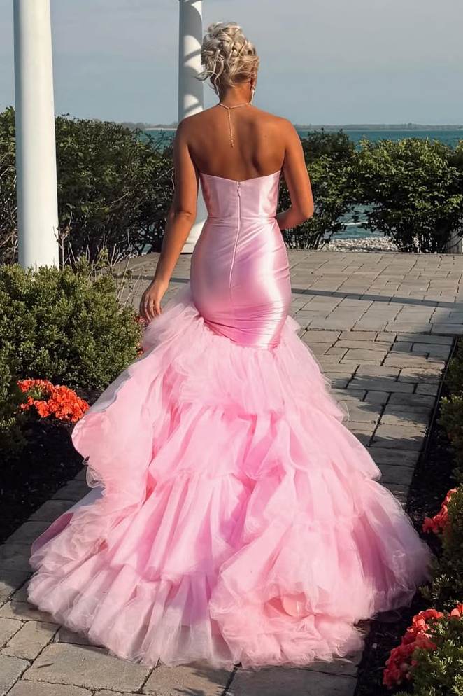 Mermaid Ruffles Pleats Pink Satin Strapless Sweetheart Tulle Prom Dress SH8217