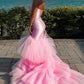 Mermaid Ruffles Pleats Pink Satin Strapless Sweetheart Tulle Prom Dress SH8217