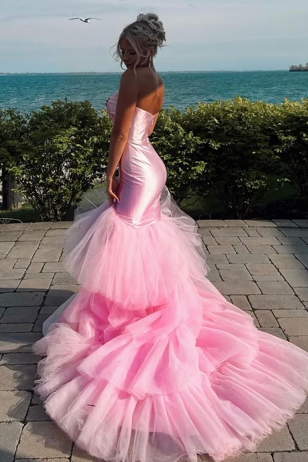 Mermaid Ruffles Pleats Pink Satin Strapless Sweetheart Tulle Prom Dress SH8217