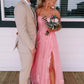 Princess Prom Dress Scoop Neck Spaghetti Straps Crisscross Pink Lace Tulle Slit SH8225