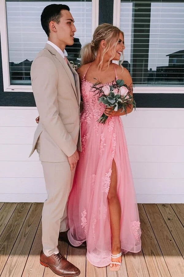 Princess Prom Dress Scoop Neck Spaghetti Straps Crisscross Pink Lace Tulle Slit SH8225