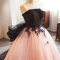 Strapless Bow Pink Tulle Long Prom Dresses Evening Dresses with Black Appliques SH1713