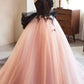Strapless Bow Pink Tulle Long Prom Dresses Evening Dresses with Black Appliques SH1713