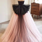 Strapless Bow Pink Tulle Long Prom Dresses Evening Dresses with Black Appliques SH1713