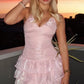 Pink Shimmer Halter Nack Backless Tiered Ruffle Mini Homecoming Dress SH7759