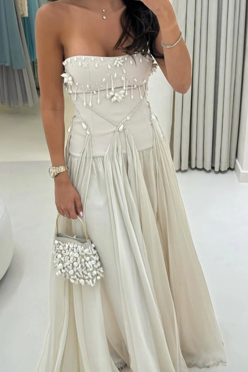 Style A Line Strapless Exquisite Pearl Chiffon Long Party Dress Prom Dress SH7621