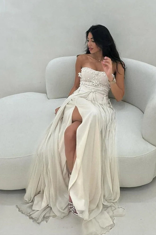 Style A Line Strapless Exquisite Pearl Chiffon Long Party Dress Prom Dress SH7621