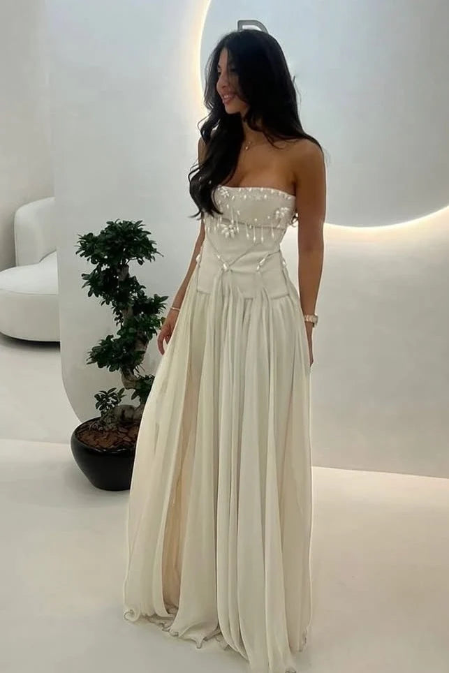 Style A Line Strapless Exquisite Pearl Chiffon Long Party Dress Prom Dress SH7621