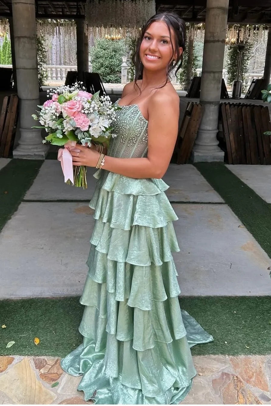 Pretty A Line Strapless Light Green Corset Prom Dress with Beading Ruffles SH7761