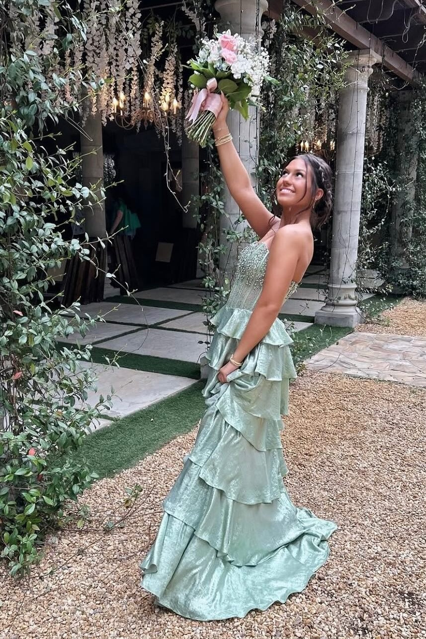 Pretty A Line Strapless Light Green Corset Prom Dress with Beading Ruffles SH7761