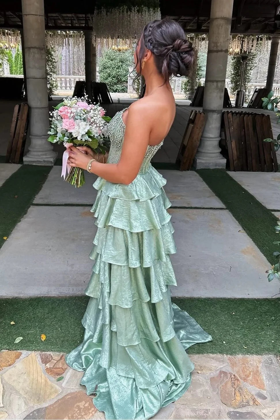 Pretty A Line Strapless Light Green Corset Prom Dress with Beading Ruffles SH7761