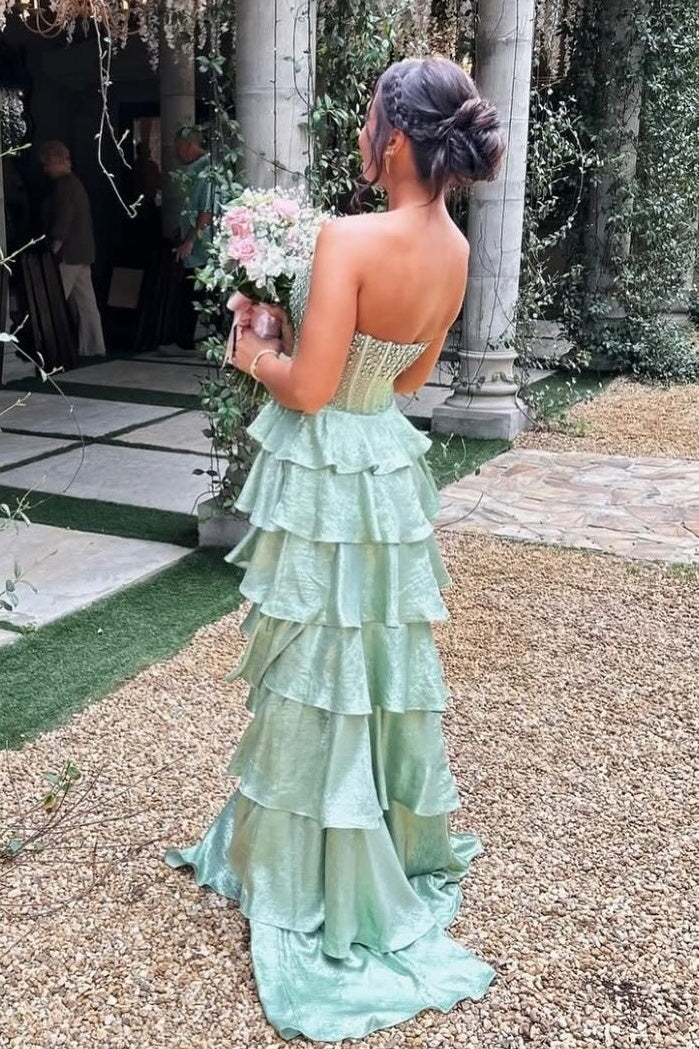 Pretty A Line Strapless Light Green Corset Prom Dress with Beading Ruffles SH7761