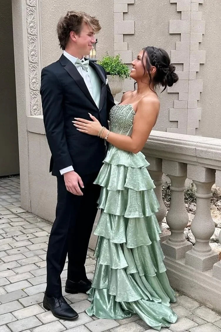 Pretty A Line Strapless Light Green Corset Prom Dress with Beading Ruffles SH7761