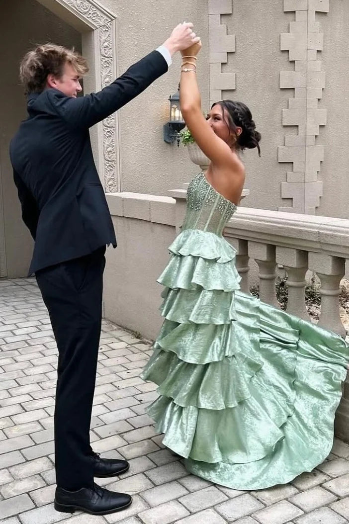 Pretty A Line Strapless Light Green Corset Prom Dress with Beading Ruffles SH7761
