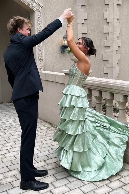 Pretty A Line Strapless Light Green Corset Prom Dress with Beading Ruffles SH7761