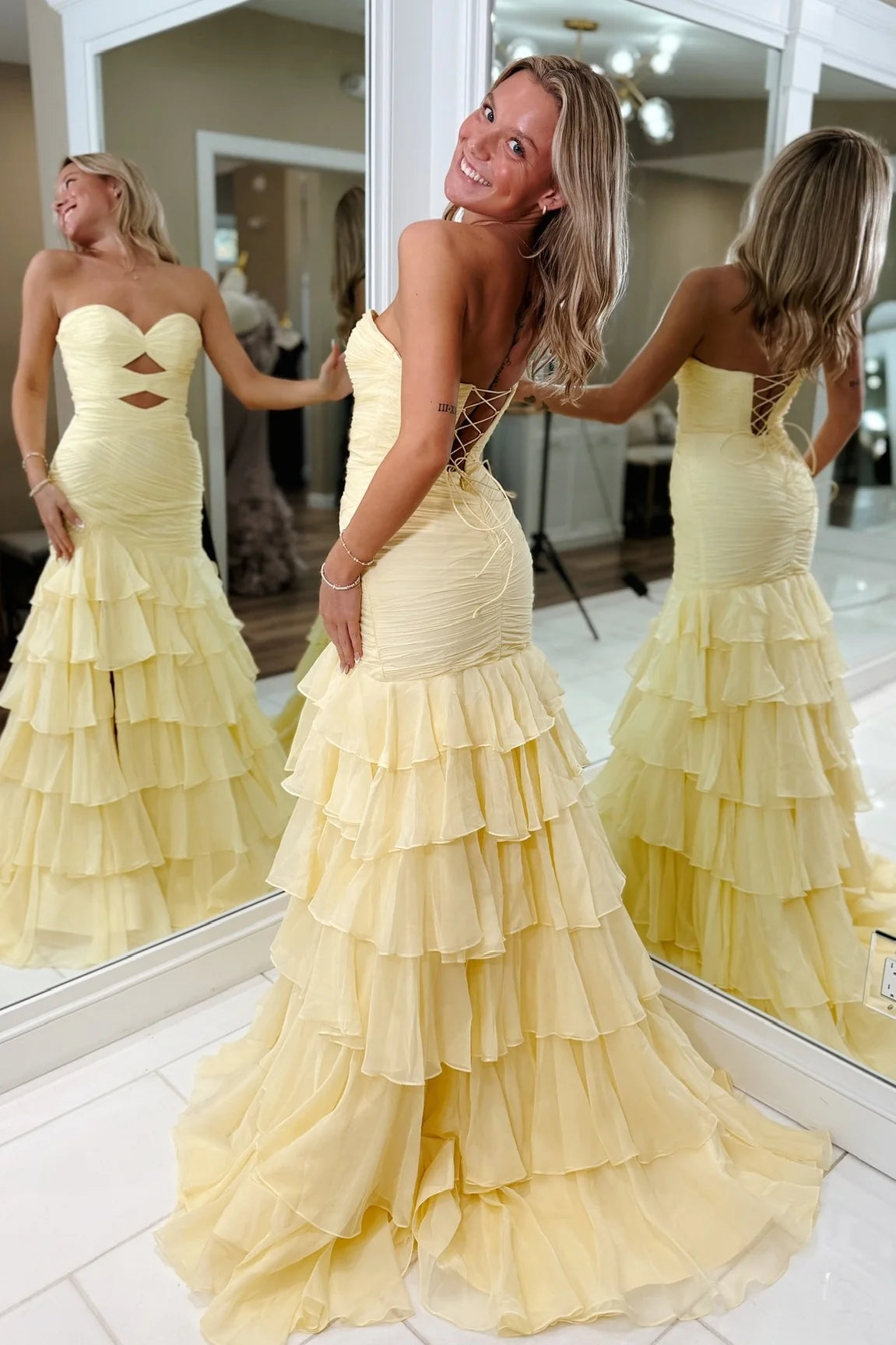 Pretty Mermaid Sweetheart Yellow Long Prom Dress with Ruffles SH8112