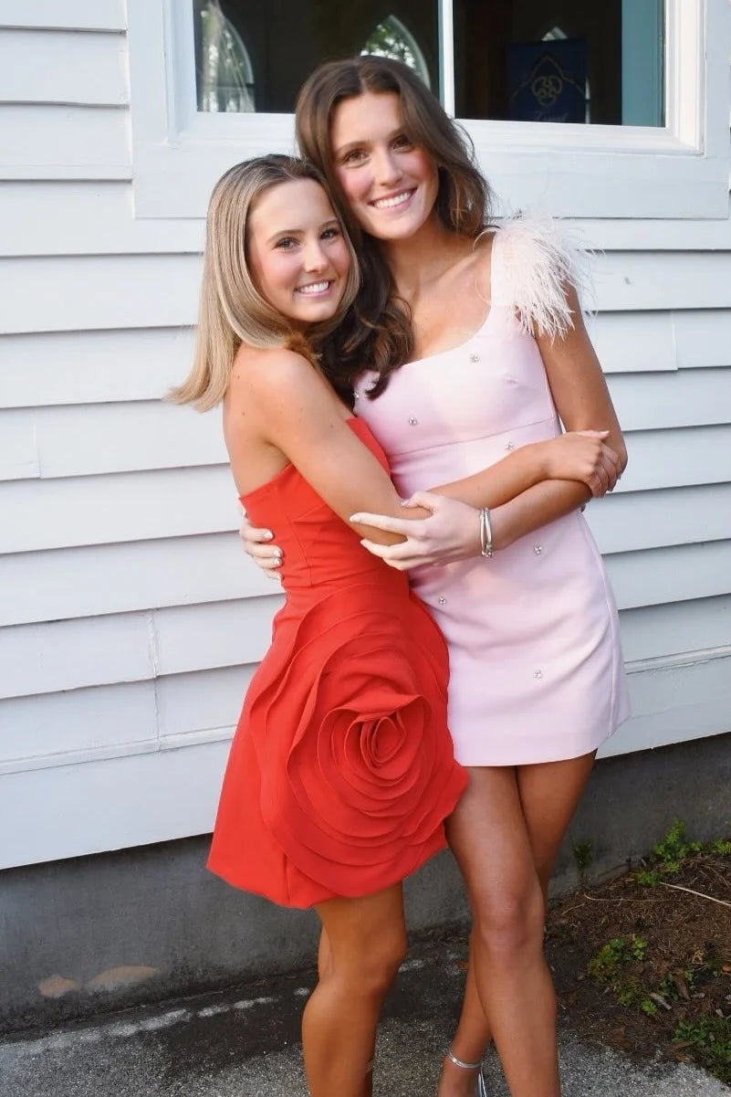 Pretty Sheath Square Neck Pink Short Homecoming Dress with Feather SH7499