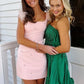 Pretty Sheath Square Neck Pink Short Homecoming Dress with Feather SH7499