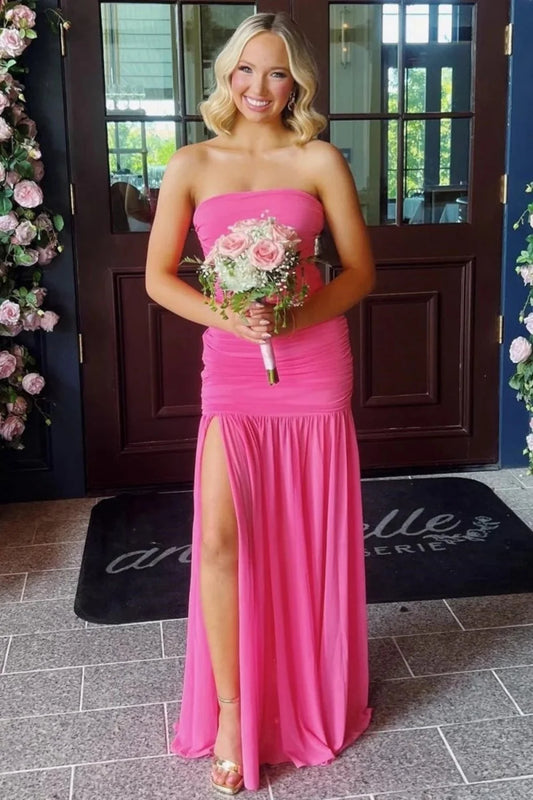 Pretty Sheath Strapless Hot Pink Long Prom Dress with Split Front SH8152