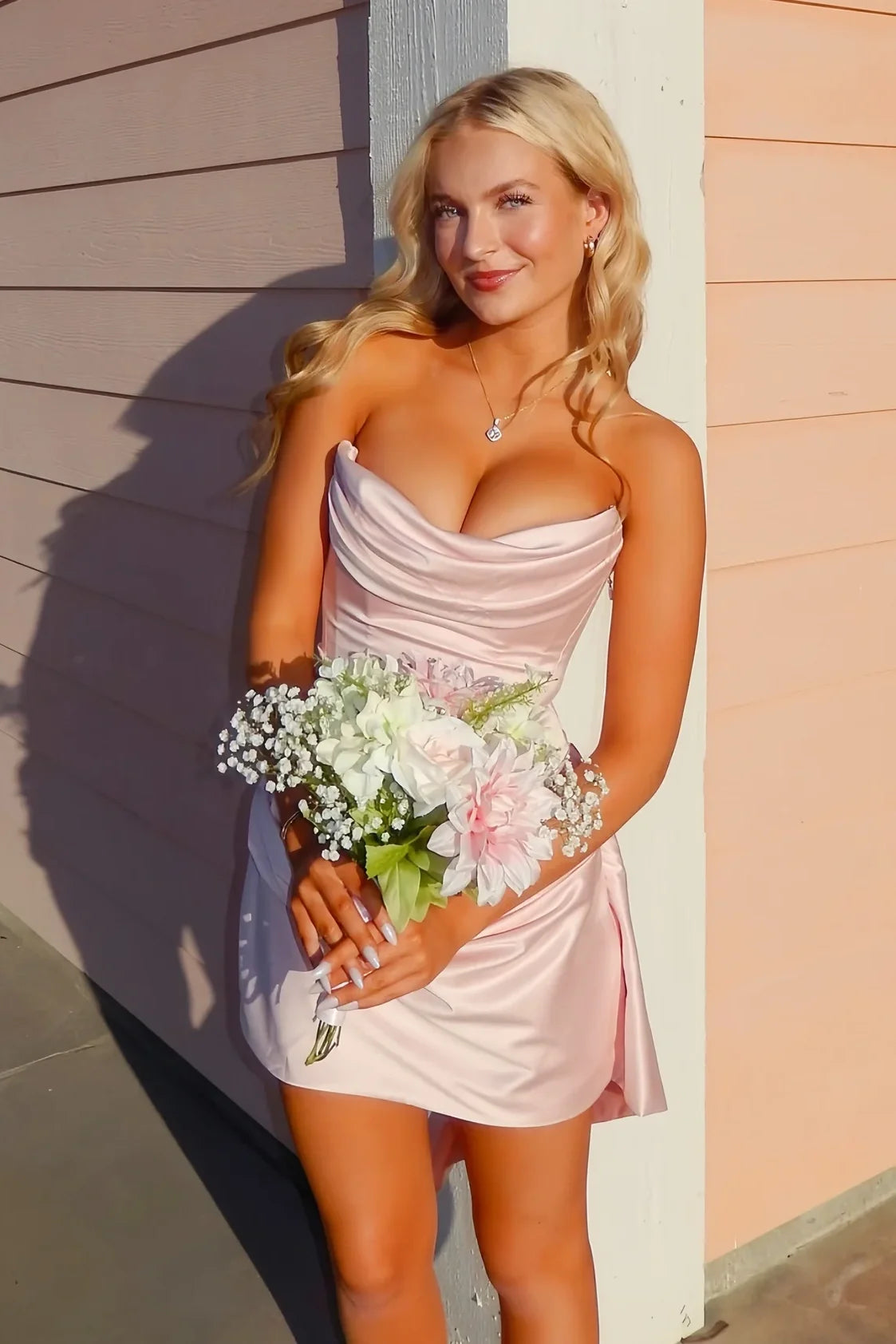 Pretty Sheath Strapless Light Pink Corset Homecoming Dress with Ruched SH7810