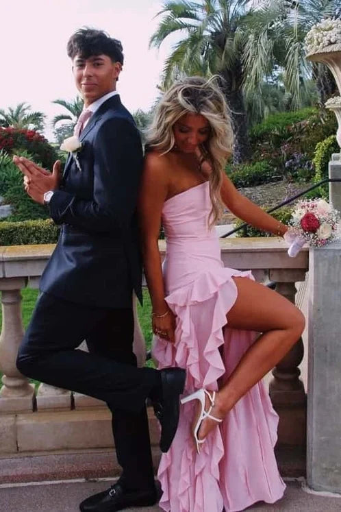 Pretty Sheath Strapless Pink Long Party Dress with Ruffles Split Front SH7626