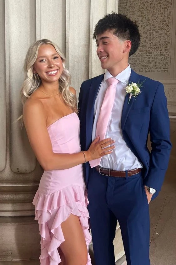 Pretty Sheath Strapless Pink Long Party Dress with Ruffles Split Front SH7626