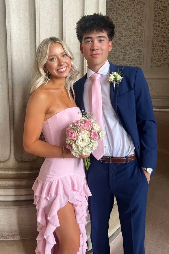 Pretty Sheath Strapless Pink Long Party Dress with Ruffles Split Front SH7626