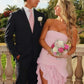 Pretty Sheath Strapless Pink Long Party Dress with Ruffles Split Front SH7626